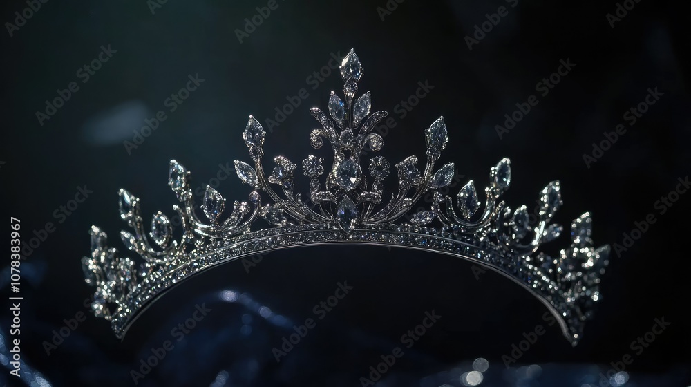 Elegant silver tiara adorned with diamonds, displayed against a dark background for a royal feel.