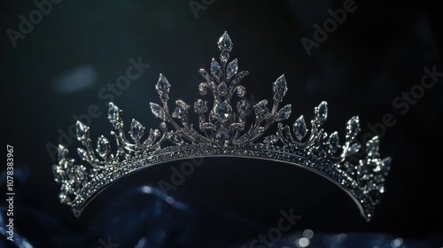 Elegant silver tiara adorned with diamonds, displayed against a dark background for a royal feel.