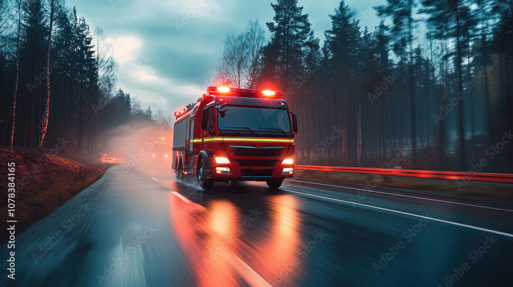 A fire truck with its red emergency lights on is speeding on the road towards the scene of an incident. A fire truck with its red emergency lights on is speeding on the road towards the scene of an incident.