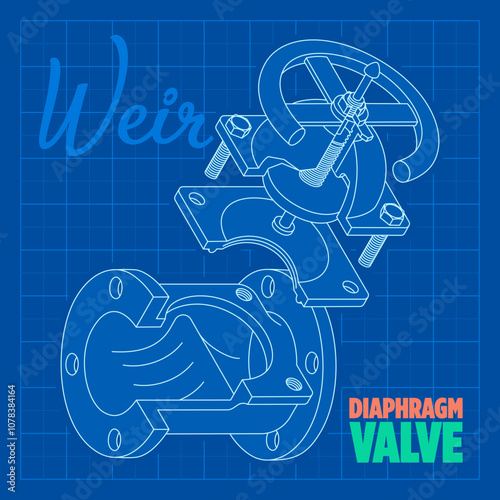 A diaphragm valve isometric blueprint. Opening or closing of pipeline valves. Pumps maintenance service concept background