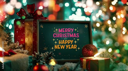 Merry Christmas and Happy New Year on Sign with Christmas and New Year Eve Decoration