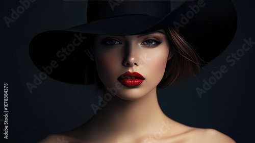 Elegant young woman with red lips and black hat, captured in dramatic lighting, exuding sophistication.