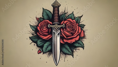 knife with rose tattoo design, American Traditional style tattoo. Generated image