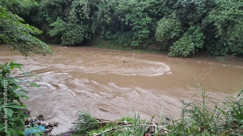 Pov Whirlpool in the river. River flowing with bamboo trees in the background. Many tree branches and trash in the river