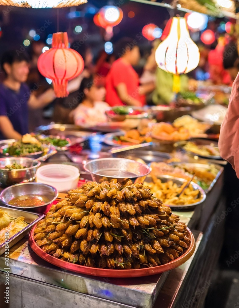 Obraz premium The Vibrant Night Markets of Taiwan, Such as Shilin Night Market in Taipei, Offering a Sensory Experience With a Variety of Street Foods, Local Products, and Traditional Taiwanese Snacks