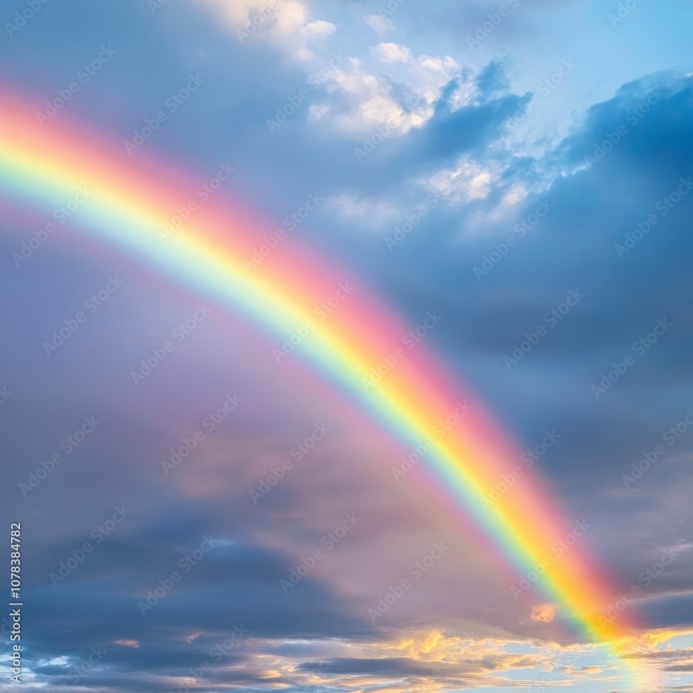 A vibrant rainbow arcs across a cloudy sky. A vibrant rainbow arcs across a cloudy sky.