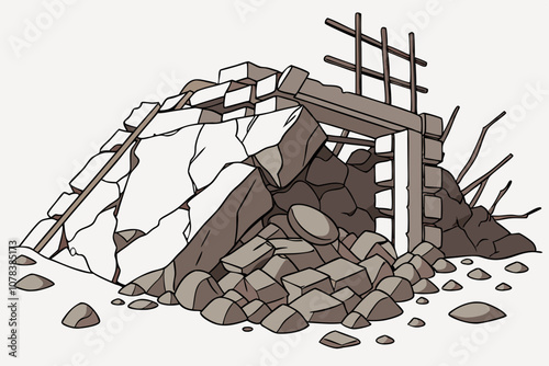 Rubble and Debris from Collapsed Wall Illustration, Pile of rubble and debris with isolated on white background