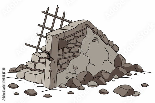 Rubble and Debris from Collapsed Wall Illustration, Pile of rubble and debris with isolated on white background