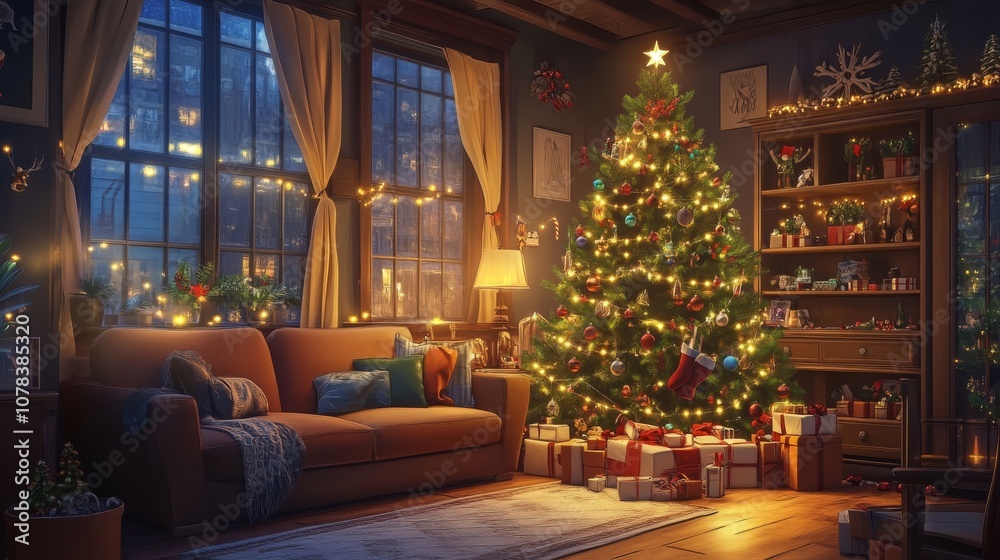 Christmas tree decorated with lights and ornaments, in a cozy living room, Christmas tree decorated with lights and ornaments, in a cozy living room,