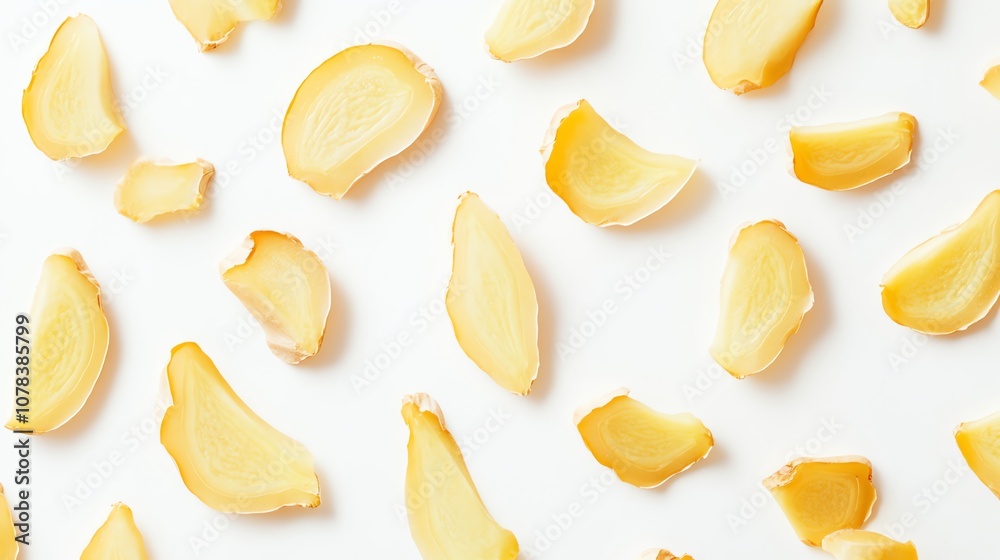 Whole and sliced ginger arranged on a smooth white background with clear details Whole and sliced ginger arranged on a smooth white background with clear details
