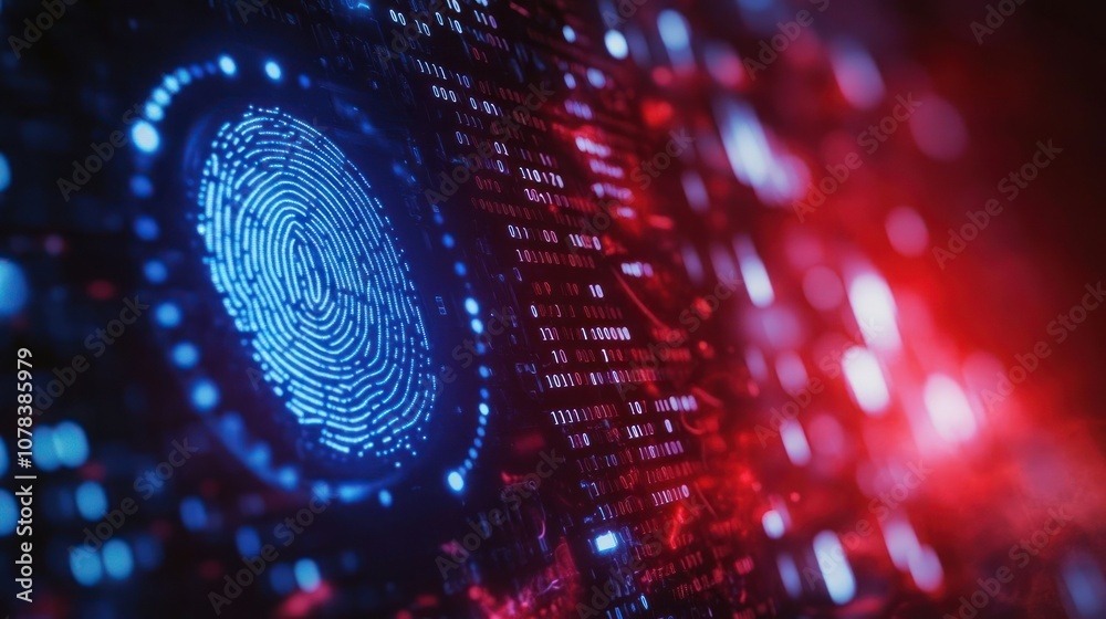 A digital fingerprint glowing in blue on a dark background with red and blue lights. A digital fingerprint glowing in blue on a dark background with red and blue lights.