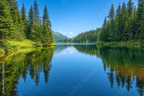 Calm lake reflecting trees under blue sky in a serene landscape