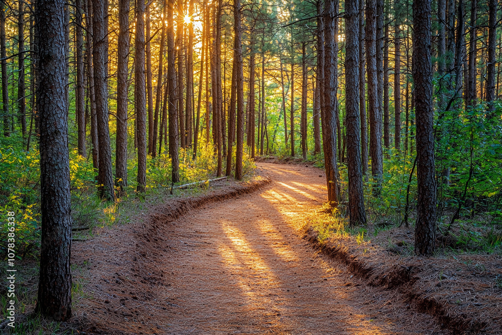 Fototapeta premium Serene forest path with sunlight filtering through tall trees