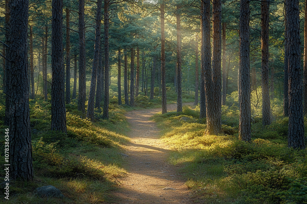 Fototapeta premium Quiet forest path illuminated by morning light in a tranquil scenery