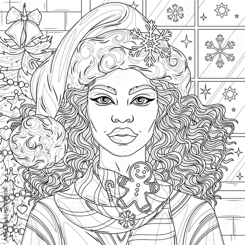 An African-American woman wearing a Santa hat near a Christmas tree.Coloring book antistress for children and adults.