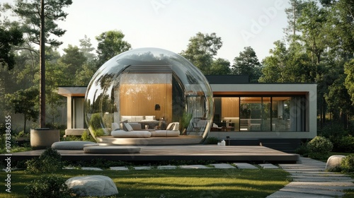 Beautiful home surrounded by a transparent bubble, safe living concept, on a neutral background