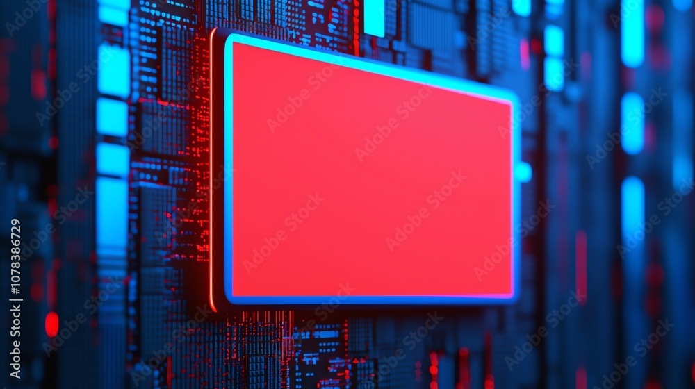 Red glowing blank rectangle on a futuristic blue circuit board. Red glowing blank rectangle on a futuristic blue circuit board.