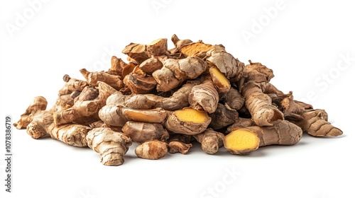 Whole and sliced ginger arranged on a smooth white background with clear details