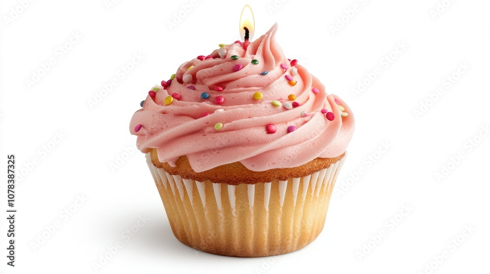 Fun cupcake with swirled pink frosting, a single lit candle, and confetti sprinkles on a white background. Fun cupcake with swirled pink frosting, a single lit candle, and confetti sprinkles on a white background.
