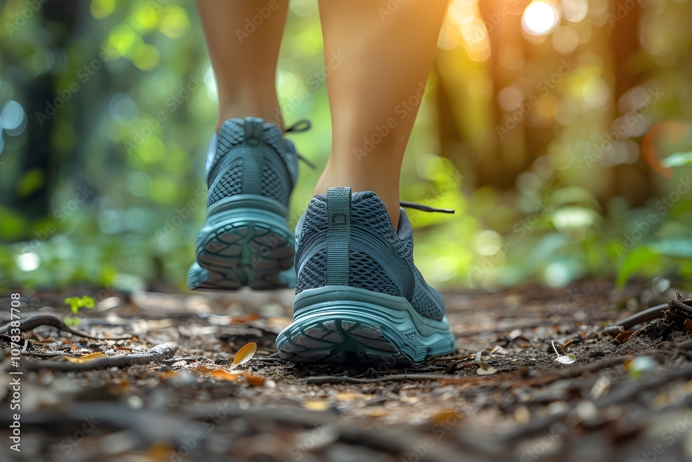 Outdoor Adventure Concept: Close-Up of Hiking Shoes on a Forest Trail Outdoor Adventure Concept: Close-Up of Hiking Shoes on a Forest Trail