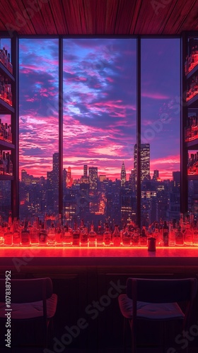 Vibrant Cyberpunk Sunset Skyline View at Cozy Urban Bar with Modern Lounge Decor, iPhone Wallpaper