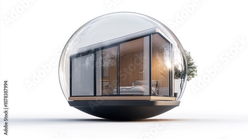 Compact, stylish house inside a bubble, representing safety and privacy, isolated on a white background