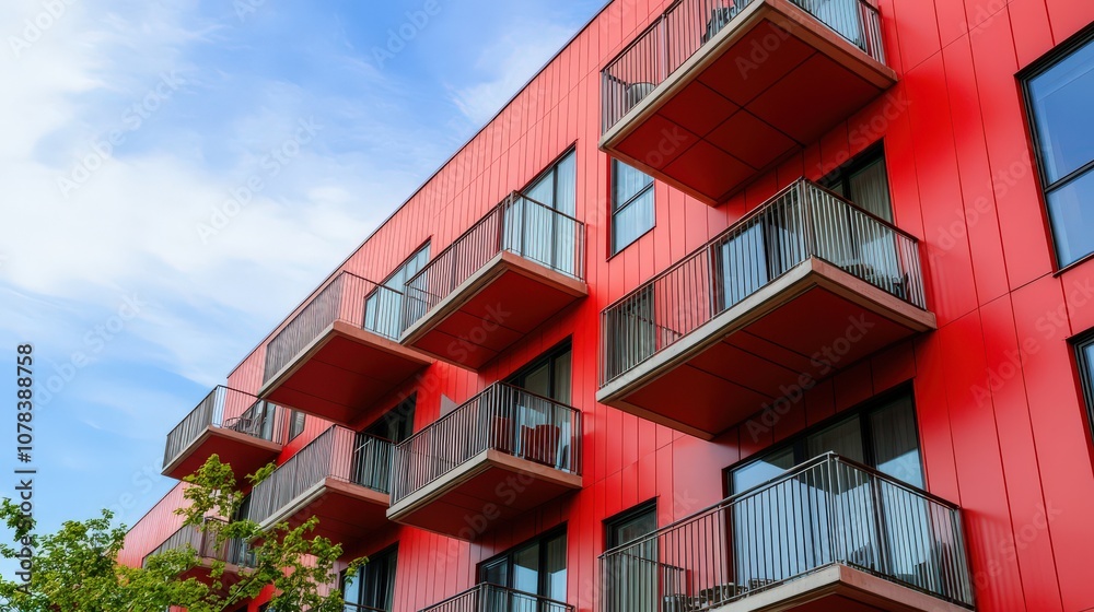 High-quality image of a residential real estate project featuring red details and modern architectural elements High-quality image of a residential real estate project featuring red details and modern architectural elements