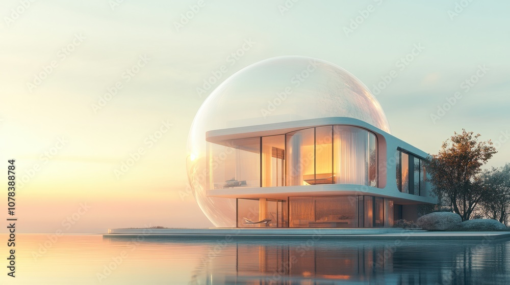 Obraz premium Contemporary house in a protective bubble, conveying safe environment, isolated on a soft gradient