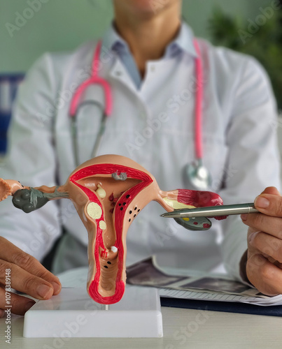 Doctor holding Uterus and Ovaries model. Ovarian and Cervical cancer, Cervix disorder vertical photo