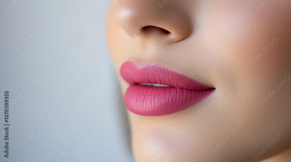 Velvet pink lips with matte finish and soft, smooth texture Velvet pink lips with matte finish and soft, smooth texture