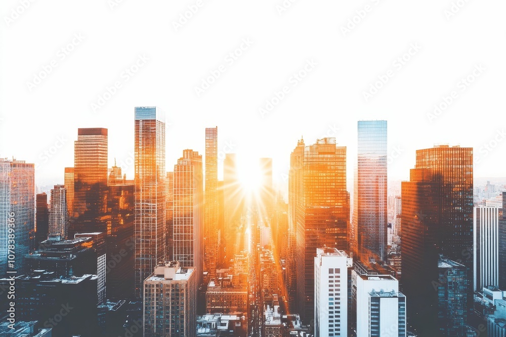 Obraz premium Sun setting over tall city skyscrapers.