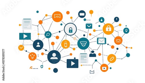 A colorful illustration depicting a network of interconnected digital symbols, showcasing modern communication and data exchange in technology.