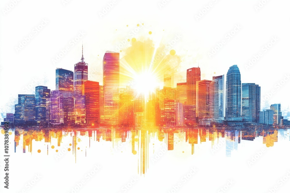 Fototapeta premium Watercolor painting of a city skyline.