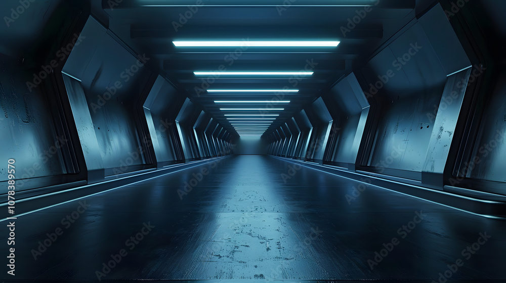 Fototapeta premium Abstract 3d rendering of empty futuristic tunnel room with light on the wall. Sci-fi concept