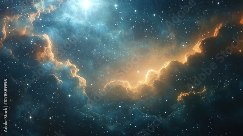 Ethereal cosmic sky filled with stars and nebulae, glowing clouds of interstellar gas creating a peaceful yet awe-inspiring view of space.