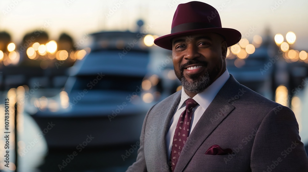 Confident male politician with strong build in evening marina setting for political campaign media Confident male politician with strong build in evening marina setting for political campaign media