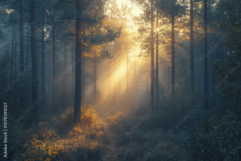 Fototapeta premium Sunlight breaking through the trees in a misty forest at dawn