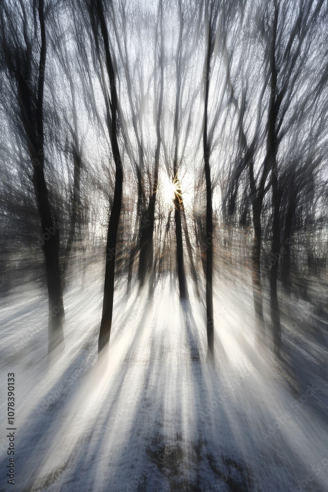 Obraz premium Sunbeams through trees in a snowy forest.