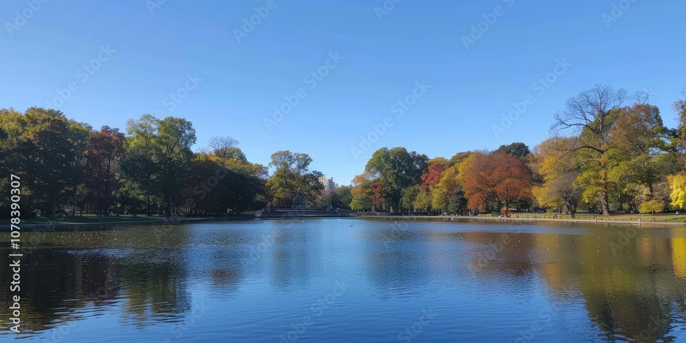 Prospect Park Lake with Colorful Fall Foliage and Clear Blue Sky Prospect Park Lake with Colorful Fall Foliage and Clear Blue Sky