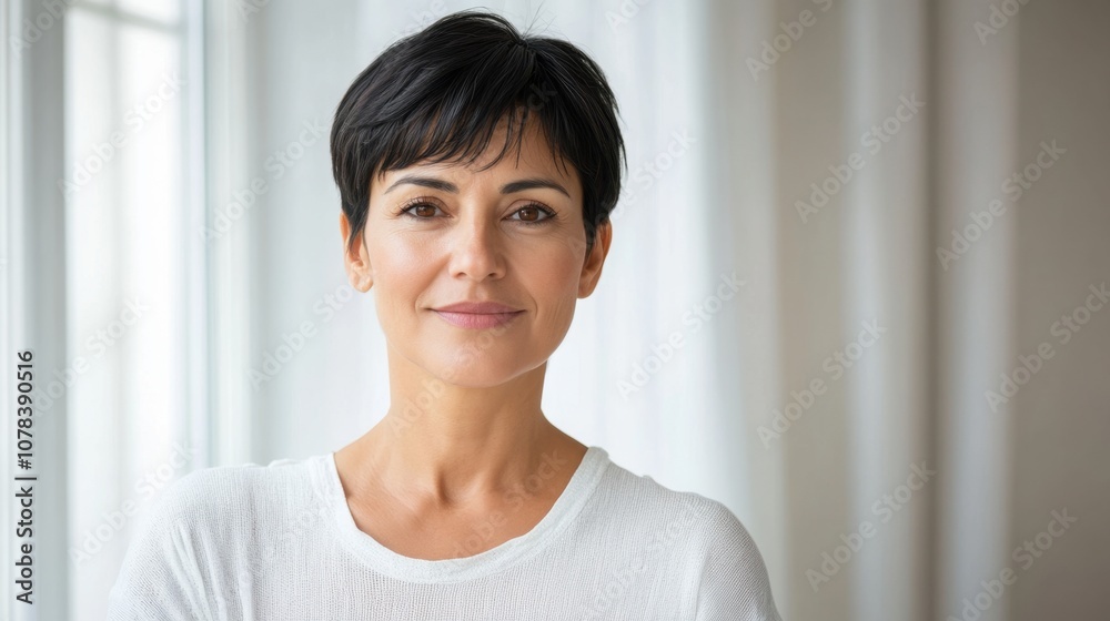 Student attending e-learning course middle-aged Hispanic woman with short black hair bright room clean background copy space Student attending e-learning course middle-aged Hispanic woman with short black hair bright room clean background copy space