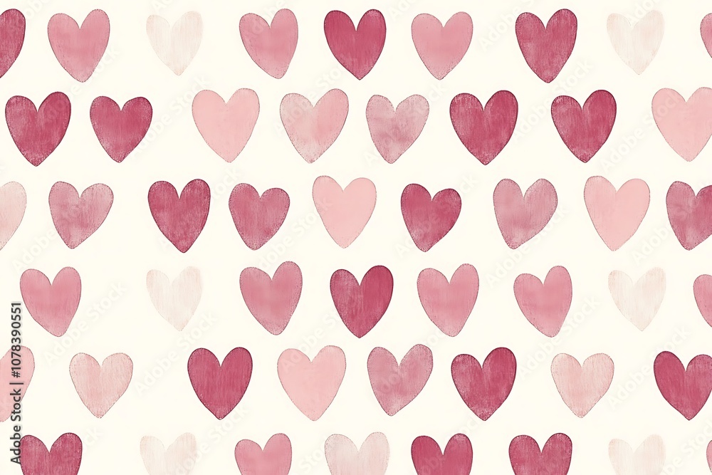 Seamless heart pattern in soft hues of red and pink on a white background.