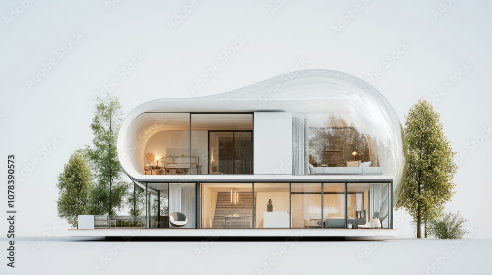 Energy-efficient modern house in a bubble, isolated and protected lifestyle concept, on a neutral gradient Energy-efficient modern house in a bubble, isolated and protected lifestyle concept, on a neutral gradient