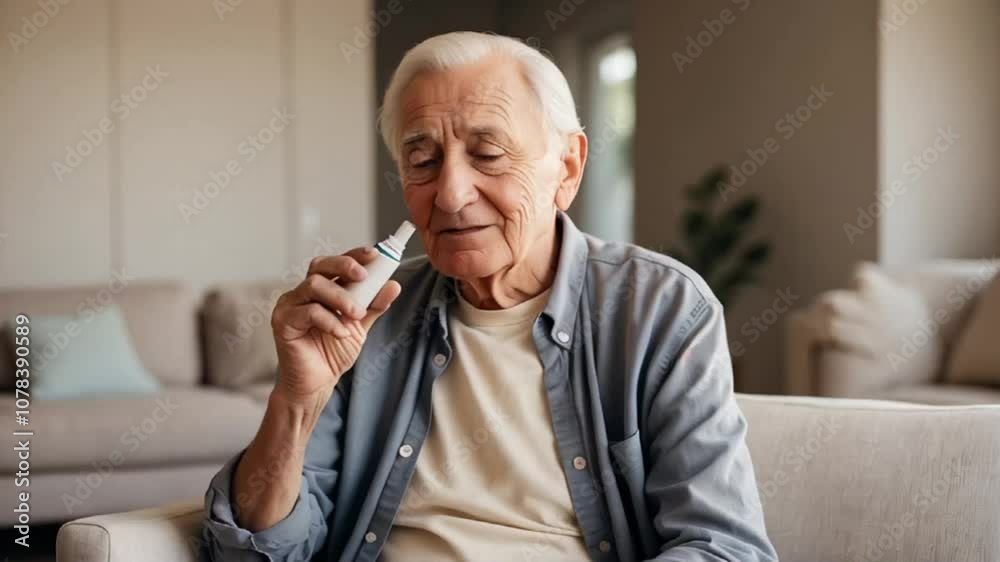 Elderly man with inhaler at home Elderly man with inhaler at home