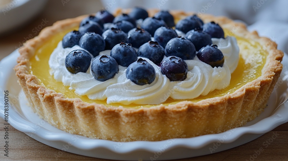Lemon Tart with Whipped Cream and Blueberries on a White Plate Lemon Tart with Whipped Cream and Blueberries on a White Plate