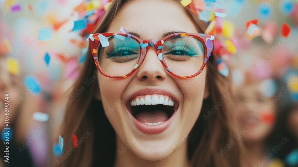 Confetti Celebration: A joyous woman with a bright smile beams through a flurry of colorful confetti, capturing the pure exuberance of a special moment. This photo radiates happiness, optimism. Confetti Celebration: A joyous woman with a bright smile beams through a flurry of colorful confetti, capturing the pure exuberance of a special moment. This photo radiates happiness, optimism.
