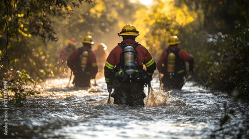 Firefighters use ropes to guide people across a rapidly rising stream, with debris flying through the water photo