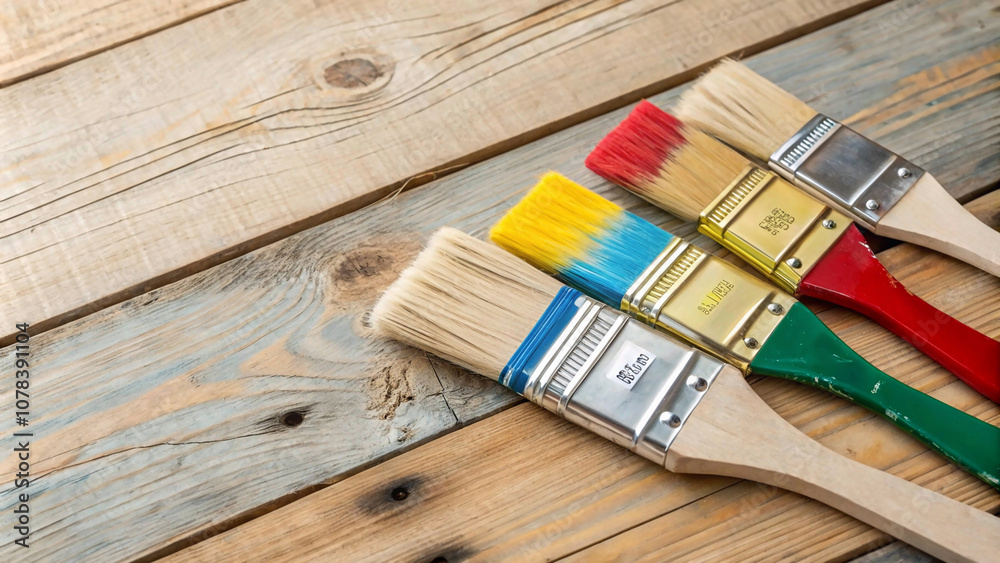 Fototapeta premium Creative Paintbrush Arrangement on Rustic Wooden Planks for DIY Home Improvement and Room Makeover Ideas