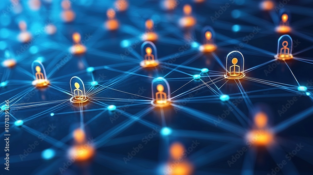 A network of glowing digital nodes connected by lines, representing a futuristic concept of communication, technology, and data exchange in a vibrant blue and orange color scheme. A network of glowing digital nodes connected by lines, representing a futuristic concept of communication, technology, and data exchange in a vibrant blue and orange color scheme.