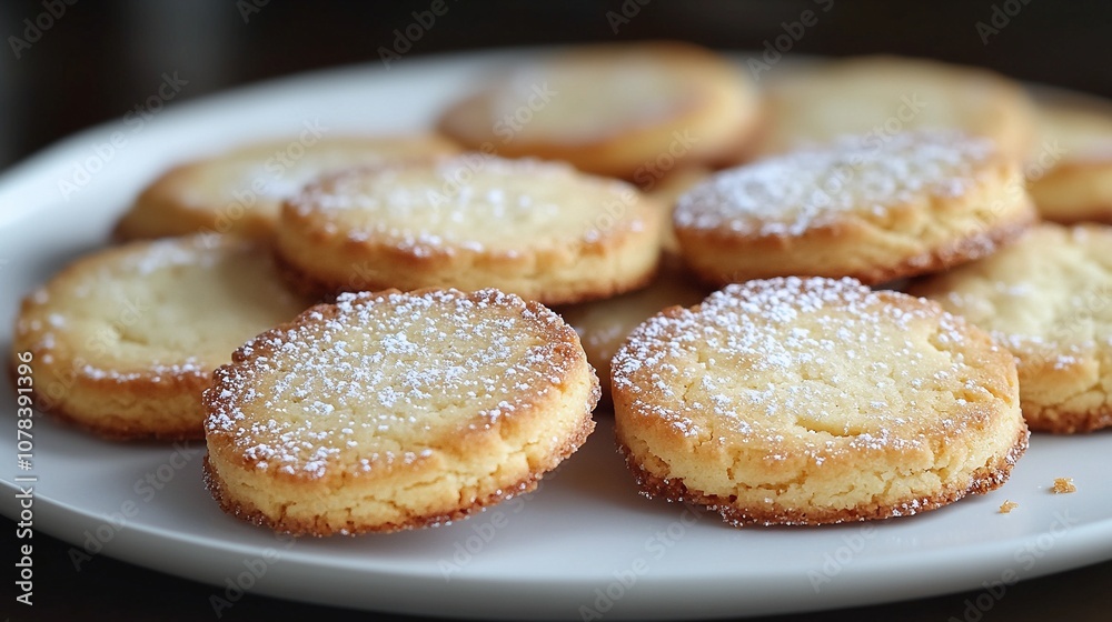 Buttery Shortbread Cookies with Powdered Sugar on a White Plate Buttery Shortbread Cookies with Powdered Sugar on a White Plate