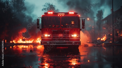 Front view of a fire truck with its emergency lights on as it stands in front of a fire scene photo